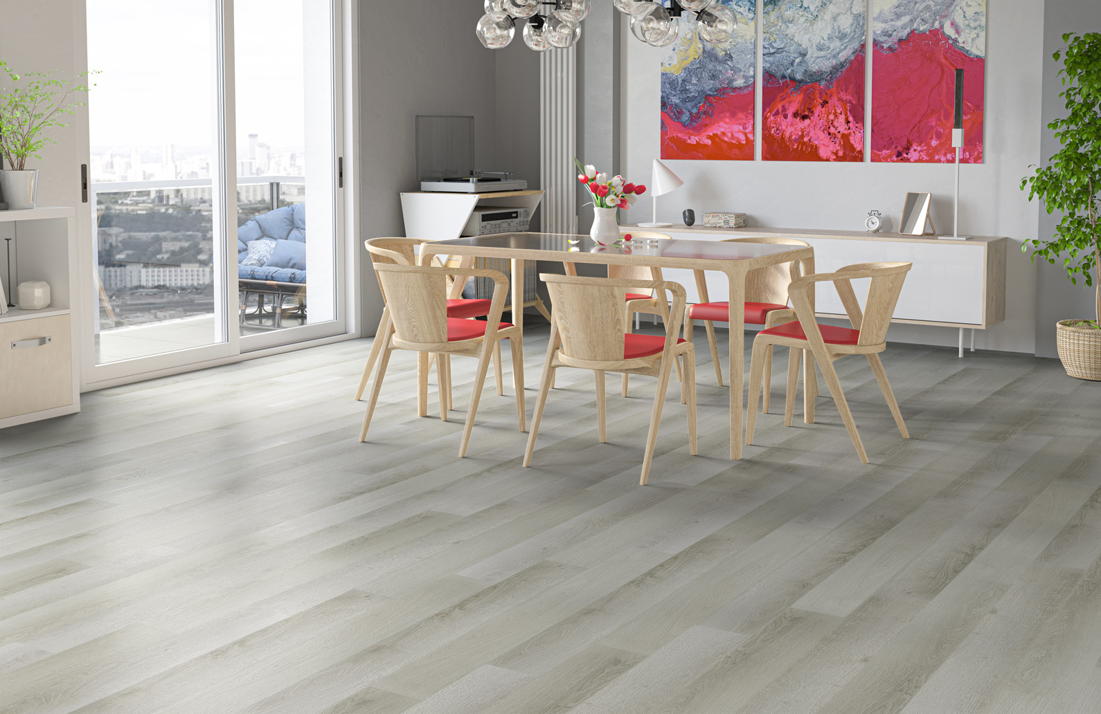 Кварцевый ламинат в палубной укладке в интерьере кухни